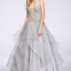 David's Bridal Appliqued Illusion Ball Gown with Ruffled Skirt